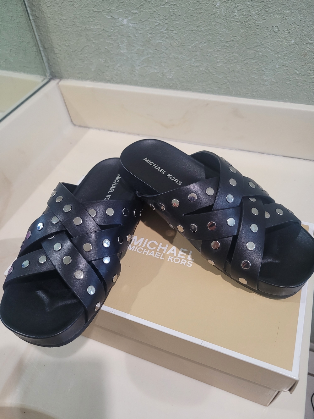 Michael Kors Black Studded Slide Sandals